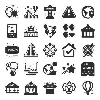 Eğlence parkı ikonları. Atlıkarınca seti, lunapark treni ve Sirk ikonları. Hava balonu, turna pençesi makinesi ve Hızlı Geçiş sembolleri. Sirk eğlence parkı biletleri. Dönme dolap atlıkarınca. Vektör