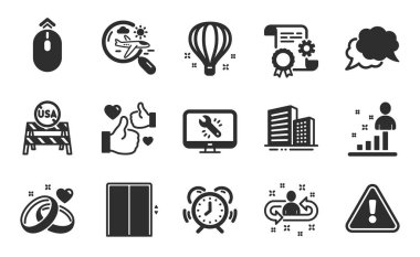 İstatistikler, Balon Gibi ve Hava Simgeleri, basit bir set. Asansör, binalar ve zaman yönetim tabelaları. Yukarı kaydırın, işe alım ve evlilik yüzükleri sembolleri. Düz simgeler ayarlandı. Vektör