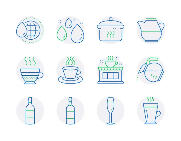 Food and drink icons set. Included icon as Milk jug, Coffee shop, Champagne glass signs. Wine bottle, Water drop, World water symbols. Tea cup, Boiling pan, Cafe creme. Brandy bottle. Vector