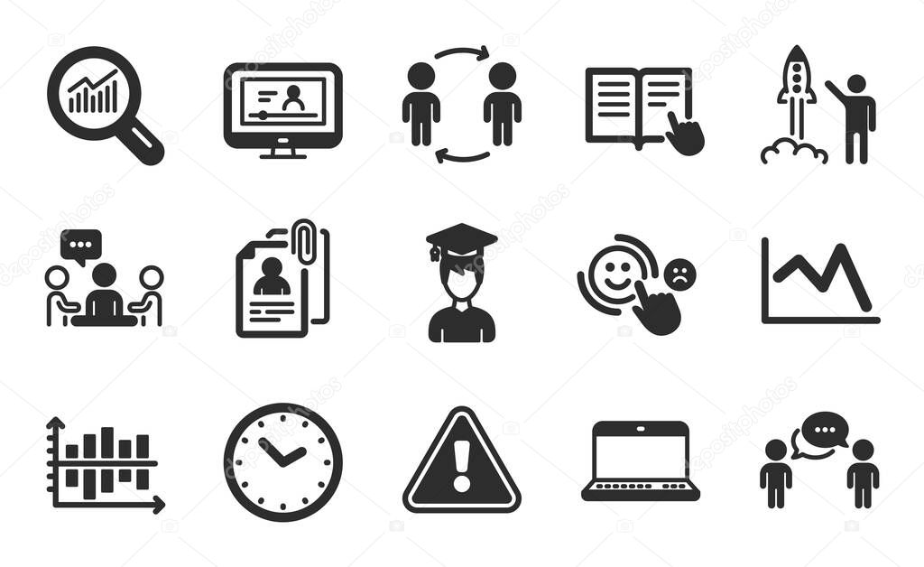 Interview documents, Online video and Line chart icons simple set. Consulting business, Workflow and Time signs. People chatting, Launch project and Student symbols. Flat icons set. Vector
