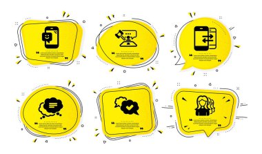 Phone communication, Smile and Judge hammer icons simple set. Yellow speech bubbles with dotwork effect. Approved, Text message and Women headhunting signs. Vector clipart