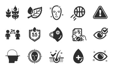 Sosyal uzaklık, kepek önleyici tanecikler ve Ph nötr ikonlar basit set. Sağlıklı cilt, yağ serumu ve göz işaretlerini kontrol et. Basketbol, tıbbi maske ve reçeteli ilaç sembolleri. Düz simgeler ayarlandı. Vektör