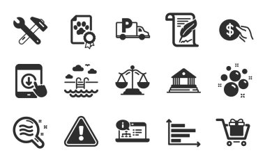 Çevrimiçi dokümanlar, cilt durumu ve tüy simgeleri basit seti. Köpek sertifikası, İngiliz anahtarı ve kamyon park levhası. Temiz baloncuklar, aşağı kaydır ve ödeme sembolleri. Düz simgeler ayarlandı. Vektör