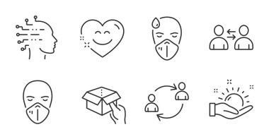 Kullanıcı iletişimi, tıbbi maske ve kutu satırı simgeleri ayarlandı. Hasta adam, güneşli hava ve gülümseyen sohbet işaretleri. Yapay zeka, iletişim sembolleri. Kaliteli çizgi simgeleri. Vektör