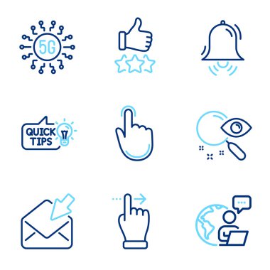 Teknoloji simgeleri ayarlandı. Derecelendirme yıldızları olarak simge, dokunmatik ekran jesti, açık posta işaretleri. El tıklama, saat zili, 5G teknoloji sembolleri. Arama, Eğitim fikir çizgisi simgeleri. Satır simgeleri ayarlandı. Vektör