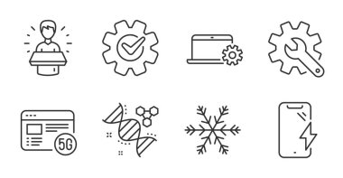 5g internet, akıllı telefon şarjı ve çark çizgisi simgeleri ayarlandı. Gümrük, defter ve havalandırma tabelaları. Kimya DNA 'sı, marka büyükelçi sembolleri. Kaliteli çizgi simgeleri. Vektör