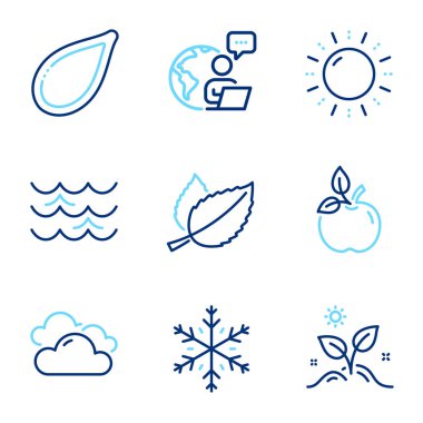 Doğa simgeleri ayarlandı. Kar Tanesi, Balkabağı tohumu, Çevre gıda işaretleri gibi ikonlar da dahil. Güneş enerjisi, bulutlu hava, bitki sembolleri. Dalgalar, nane yaprakları çizgi simgeleri. Kar, vejetaryen yemeği. Satır simgeleri ayarlandı. Vektör