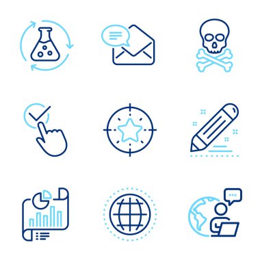 Eğitim simgeleri ayarlandı. Yeni posta, Globe, kimyasal tehlike işaretleri olarak simge içeriyor. Kimya deneyi, rapor belgesi, yıldız hedef sembolleri. Marka sözleşmesi, Checkbox çizgi simgeleri. Satır simgeleri ayarlandı. Vektör