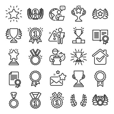 Ödül çizgisi simgeleri. Galibiyet madalyası, zafer kupası ve Laurel çelengi ödül ikonları. Ödül, Sertifika ve Diploma mesajı. Zafer kalkanı, ödüllü, rütbeli yıldız, diplomalı. Vektör