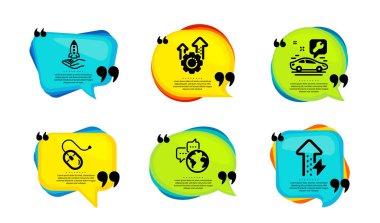 Dünya iletişimi, Seo teçhizatı ve araba servis simgeleri basit bir set. Tırnak içinde konuşma balonu. Bilgisayar faresi, kitle fonlama ve enerji büyüyen tabelalar. İş kuryesi, Cogwheel, Tamir Servisi. Vektör