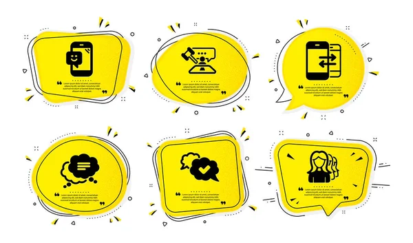 Телефонная Связь Иконки Улыбка Судья Молоток Простой Набор Желтые Пузыри — стоковый вектор