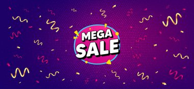 Mega satış balonu. Şenlikli konfeti arka planında mesaj var. İndirimli afiş şekli. Kupon yapıştırma ikonu. En iyi reklam konfeti afişi. Mega satış rozeti şeklinde. Vektör
