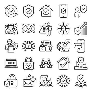 Güvenlik çizgisi simgeleri. Siber kilit, şifre, kilidi aç. Güvenlik, kalkan, ev güvenlik sistemi simgeleri. Göz girişi, elektronik kontrol, güvenlik duvarı. İnternet koruması, dizüstü bilgisayar şifresi. Satır simgesi ayarlandı. Vektör