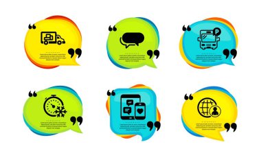 Messenger, dondurucu zamanlayıcı ve sosyal medya simgeleri basit bir set. Tırnak içinde konuşma balonu. Otobüs parkı, kamyon taşımacılığı ve uluslararası adam toplama tabelaları. Vektör