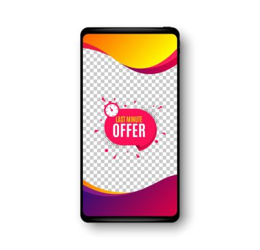 Son dakika çıkartması. Telefon modelleme vektör pankartı. Sohbet baloncuğu ikonu. Özel anlaşma etiketi. Sosyal hikaye posta şablonu. Son dakika rozeti. Cep telefonu çerçevesi. Sıvı modern arka plan. Vektör