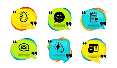Beyin fırtınası, Gülücük Sohbeti ve Haberci simgeleri. Tırnak içinde konuşma balonu. Kontrol listesini, Su bırakma ve Takvim zaman işaretlerini reddet. Yıldırım, gülen surat, yeni mesaj. Vektör