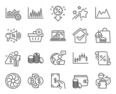 Finans simgeleri ayarlandı. Diyagram olarak simge, satın alma, bankacılık para tabelaları dahil. Grafik dizüstü bilgisayar, Bitcoin değişimi, indirimli megafon sembolleri. Para al, indirim, fan motoru. Ödeme yöntemi. Vektör