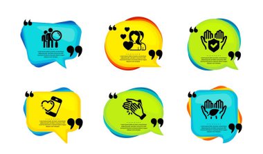 Kalp, Çift ve Sigorta el simgeleri basit bir set. Tırnak içinde konuşma balonu. El çırpma, insanları arama ve adil ticaret işaretleri. Aşk çağrısı, Sevgililer Günü, tam kapsama. Vektör