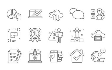 Mimari plan, Smartphone sms ve Fikir çizgisi simgeleri ayarlandı. Bulut sunucusu, Kazanan ve Gözlem Listesi işaretleri. Satış şeması, pasta şeması ve kurye sembolleri. Satır simgeleri ayarlandı. Vektör