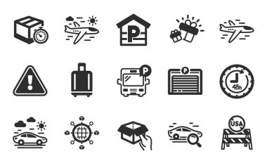 Arama arabası, otopark ve park simgeleri. Kutu, bagaj geri alma ve uçak tabelaları. Lojistik ağı, uçak yolculuğu ve araba seyahat sembolleri. Düz simgeler ayarlandı. Vektör