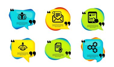 İnternet raporu, Kazanan ve Posta bülteni simgeleri basit set. Tırnak içinde konuşma balonu. Sertifika, mahkeme yargıcı ve kimyasal formül işaretleri. İnternet dersi, en iyi sonuçlar, açık e-posta. Vektör