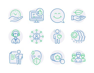 İnsan simgeleri ayarlandı. Güvenli zaman olarak simge, iş görüşmesi, kalp işaretlerini tutun. Çalışanların takım çalışması, hasta adam, gülen surat sembolleri. Yaprak, video gibi, Networking. Nakliye desteği, dostum. Vektör