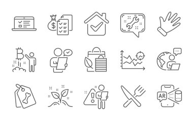 Artırılmış gerçeklik, Müşteri Anketi ve El Hattı simgeleri ayarlandı. İnternet konferansları, başlangıç konsepti ve muhasebe servet tabelaları. Yiyecek, Bitcoin projesi ve evcil hayvan sembolleri. Satır simgeleri ayarlandı. Vektör