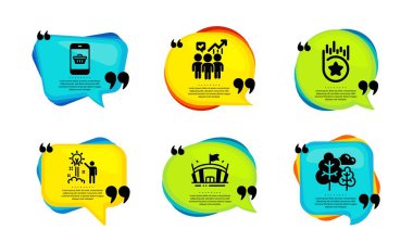 Yaratıcı fikir, İş İstatistikleri ve Sadakat yıldız simgeleri basit set. Tırnak içinde konuşma balonu. Akıllı telefon alımları, Arena ve Tree tabelaları. Başlangıç, çalışma raporu, ikramiye ödülü. Vektör