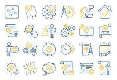 Mühendislik çizgisi simgeleri. Fikir Ampulü, Böcek araçları ve Blueprint doğrusal simgeleri kümesi. Çark, fiyatı hesapla, mekanik aletler. Fikir ampulü, dişli, mimar bölmeleri, mühendislik adamları. Vektör