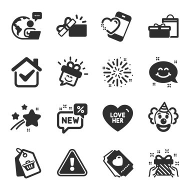 Satış etiketi, Heart, Love bilet sembolleri gibi bir dizi tatil ikonu. Bayıldım, havai fişek patlaması, palyaço işaretleri. Hediye, gülümseme sohbeti, hediyeyi açmak. Yeni, hediyeler, düz gülümseme simgeleri. Düz simgeler ayarlandı. Vektör