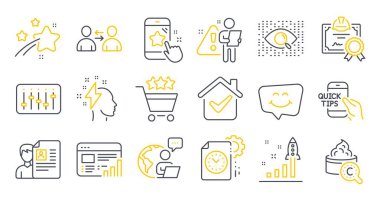 Beyin Fırtınası, Sertifika, DJ denetleme sembolleri gibi iş simgeleri. Web raporu, gülümseme sohbeti, iletişim işaretleri. Eğitim, alışveriş derecesi, proje teslim tarihi. İş görüşmesi. Vektör