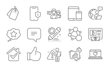 İndirimli etiketler, konuşan insanlar ve İstatistik çizgisi simgeleri. Web aşkı ve sadakat burçları gibi. Bütünlük, akıllı telefon koruması ve mobil cihaz sembolleri. Satır simgeleri ayarlandı. Vektör