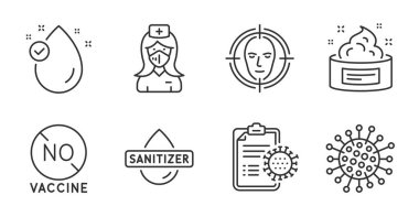Coronavirus, aşı yok ve hemşire çizgisi simgeleri hazır. Cilt kremi, E vitamini ve Coronavirus belirtileri. Yüz tanıma, el dezenfektanı sembolleri. Enfeksiyon, Covid-19 tedavisi, tıbbi maske. Vektör