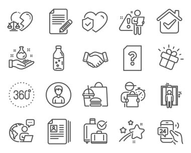 İş simgeleri ayarlandı. Kişi olarak ikon, hayat sigortası, 360 derece işareti. Makale, asansör, boşanma avukatlarının sembolleri. Kimya laboratuvarı, 24 saat hizmet, çalışanların el sıkışması. Su şişesi. Vektör