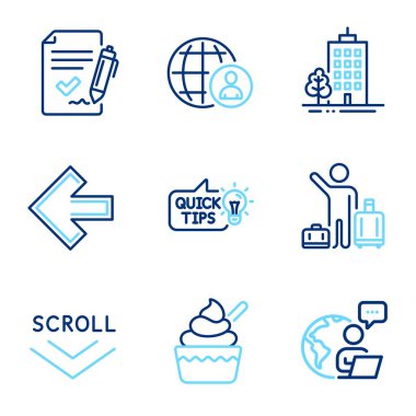 İş simgeleri ayarlandı. Sol ok, dondurma, onaylanmış anlaşma işaretleri gibi simgeler de dahil. Uluslararası adam toplama, eğitim fikri, havalimanı transfer sembolleri. Gökdelen binaları, aşağı inin. Vektör