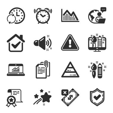 Doğrulanmış, yaratıcı tasarım, alarmlı saat sembolleri gibi eğitim simgeleri. Yaratıcılık, reddedilmiş ödeme, zaman işaretlerini güncelleme. Çevrimiçi istatistik, Sertifika, Yatırım Grafiği. Vektör