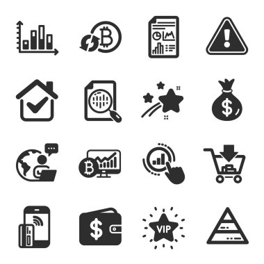 Dolar cüzdanı, diyagram grafiği, piramit grafik sembolleri gibi Finans simgeleri kümesi. Grafik çizelgesi, temassız ödeme, Vip yıldız işaretleri. Rapor belgesi, alışveriş, para çantası. Bitcoin 'i tazele. Vektör