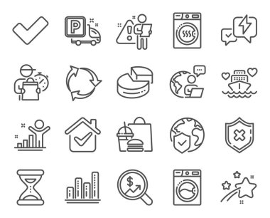 İş simgeleri ayarlandı. Balayı gezisi, para birimi denetimi ve turta tabelaları olarak simge içeriyor. Yıldırım, tik, çamaşır makinesi sembolleri. Zaman, dünya sigortası, grafik çizelgesi. Kamyon parkı. Vektör