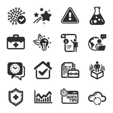 Manual doc, ilk yardım, kimya laboratuvar sembolleri gibi bilim simgeleri. Coronavirus, Infochart, Eko enerji sinyalleri. Hızlı ipuçları, Bulut senkronizasyonu, tıbbi kalkan. Artırılmış gerçeklik, Saat. Vektör