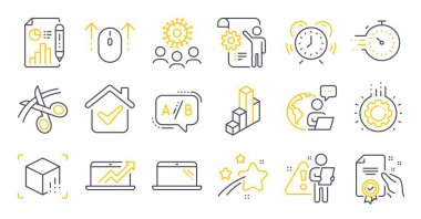 3d şeması, Ayarlar planı, zaman yönetim sembolleri gibi bir dizi bilim simgesi. Makas, laptop, zamanlayıcı işaretleri. Sertifika, Artırılmış Gerçeklik, Geçiş. Coronavirus, rapor ver. Vektör