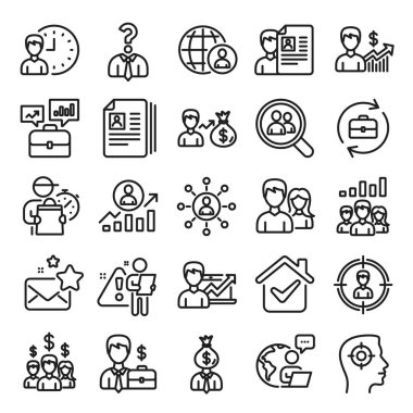 İnsan Kaynakları, kafa avlama çizgisi simgeleri. İş ağı sözleşmesi, iş görüşmesi ve kelle avcılığı sözleşmeleri. Özgeçmiş, takım çalışması ve portföy sembolleri. İş kariyeri, insan, röportaj. Vektör