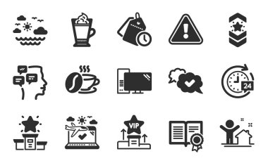 Kazanan podyum, Bilgisayar ve Zaman yönetim simgeleri basit set. Latte kahve, deniz yolculuğu ve 24 saat teslimat işaretleri. Omuz askısı, yeni ev ve onaylanmış semboller. Düz simgeler ayarlandı. Vektör