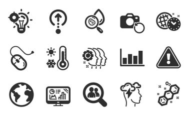 Dünya gezegeni, Seo fikri ve zaman yönetim simgeleri basit. Farkındalık stresi, çalışanları aramak ve tabelaları asmak. Hava durumu termometresi, Analitik Grafik ve Bilgisayar fare sembolleri. Vektör