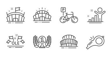 Bisiklet parkı, Kazanan ve Spor Stadyumu ikonu seti. Ole chant, Arena ve Arena stadyum işaretleri. Ödül ödülü, Islık sembolleri. Bisiklet parkı, en iyi sonuç, spor şampiyonluğu. Spor seti. Vektör