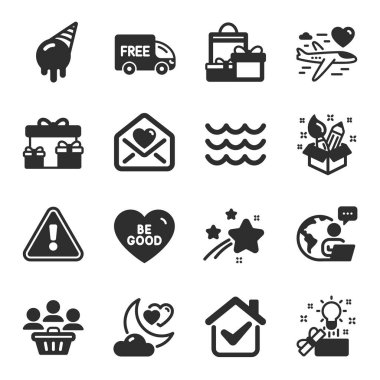 Alışveriş, ücretsiz teslimat, balayı seyahat sembolleri gibi bir dizi tatil ikonu. Sürpriz kutular, Aşk Gecesi, dondurma tabelaları. Uslu dur Dalgalar, Aşk Mektubu. Yaratıcı fikir, alıcılar. Vektör