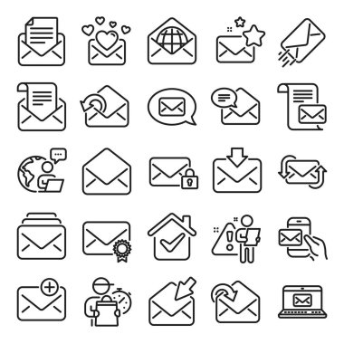 İleti satırı simgelerini postala. Haber bülteni, e-posta belgesi, yazışma simgeleri. Alınan posta, güvenli mesaj ve internet mektubu. Posta bülteni, e-posta belgesi, özel iletişim. Vektör