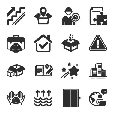 Endüstriyel ikonlar, mühendislik belgeleri, strateji, paket konum sembolleri gibi. Paketleme kutuları, merdivenler, inşaatçılar sendikası işaretleri. Binalar, asansör, mühendis. İnşaat alet çantası. Vektör