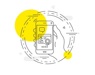 Seo istatistik çizgisi simgesi. Cep telefonu vektör düğmesi. Arama motoru sertifikası. Analitik grafik sembolü. Seo sertifika satırı simgesi. Soyut konsept rozet. Vektör