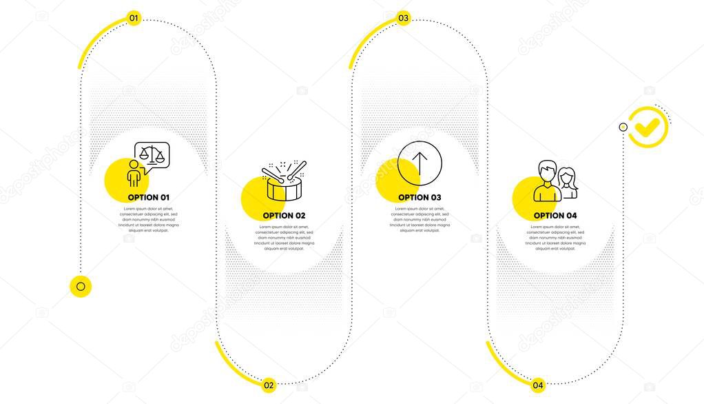 Lawyer, Drums and Swipe up line icons set. Timeline process infograph. Teamwork sign. Court judge, Drumsticks, Scroll screen. Man with woman. Business set. Infographics plan timeline. Vector