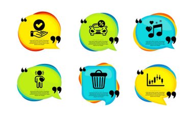 Dostum, çöp kutusu ve araba kiralama ikonları basit bir set. Tırnak içinde konuşma balonu. Aşk müziği, onaylanmış onay kutusu ve Candlestick grafik tabelaları. Sevgi, Çöp, Ulaşım indirimi. Vektör